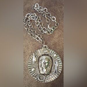 Large Egyptian Revival Silver Tone Pendant 24” Chain C1970 Statement Necklace